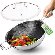 Wokpan Induttivo 30 cm in Acciaio Inossidabile - Wokpan Antiaffondamento con Tessuto a Miele e Patterning a Griglia di Cottura