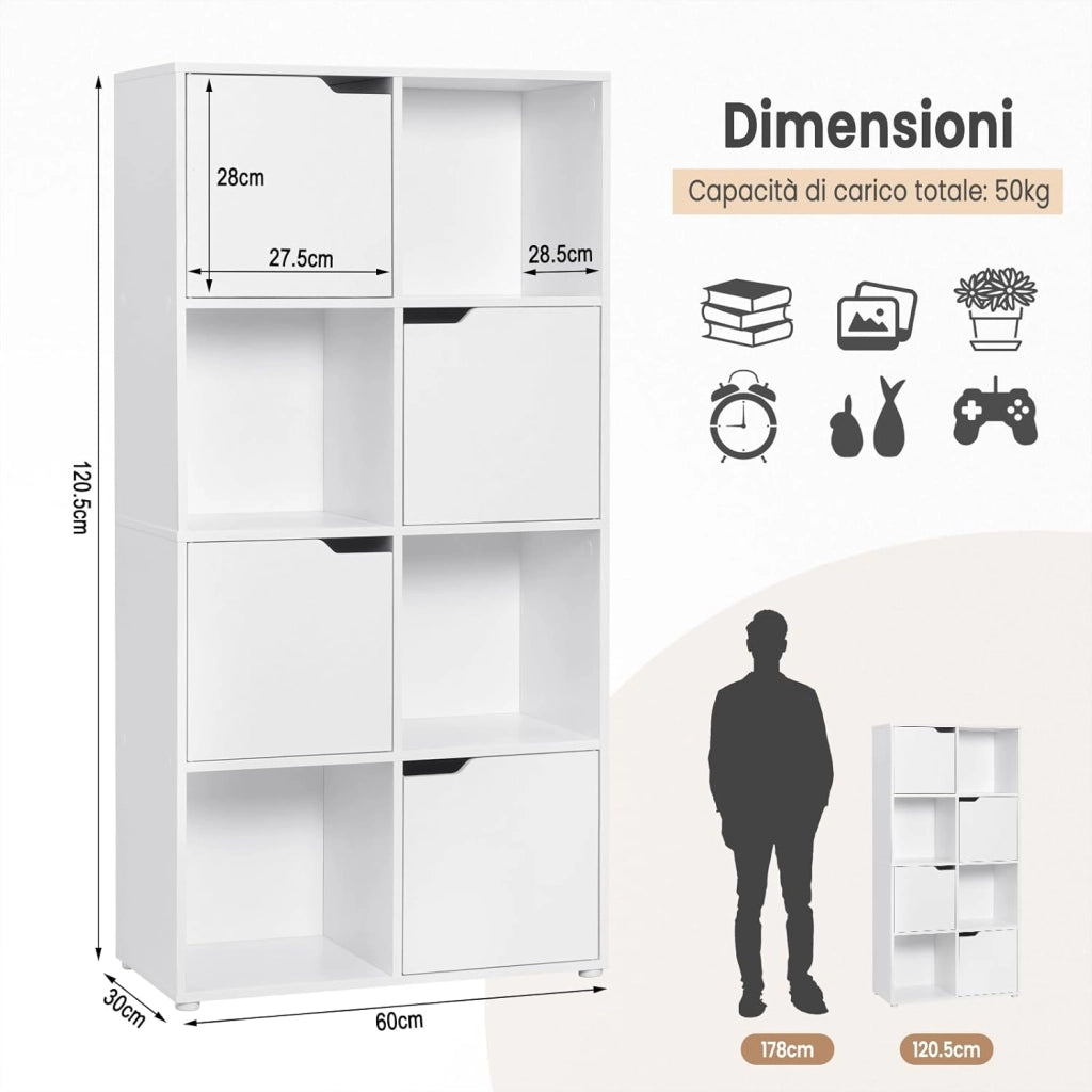 Libreria Autoportante, Libreria Bianca a 8 Cubi Portaoggetti, Porta Libri con 4 Ante, Scaffale Portaoggetti per Soggiorno, Ufficio, Studio, in Legno, SK039ws