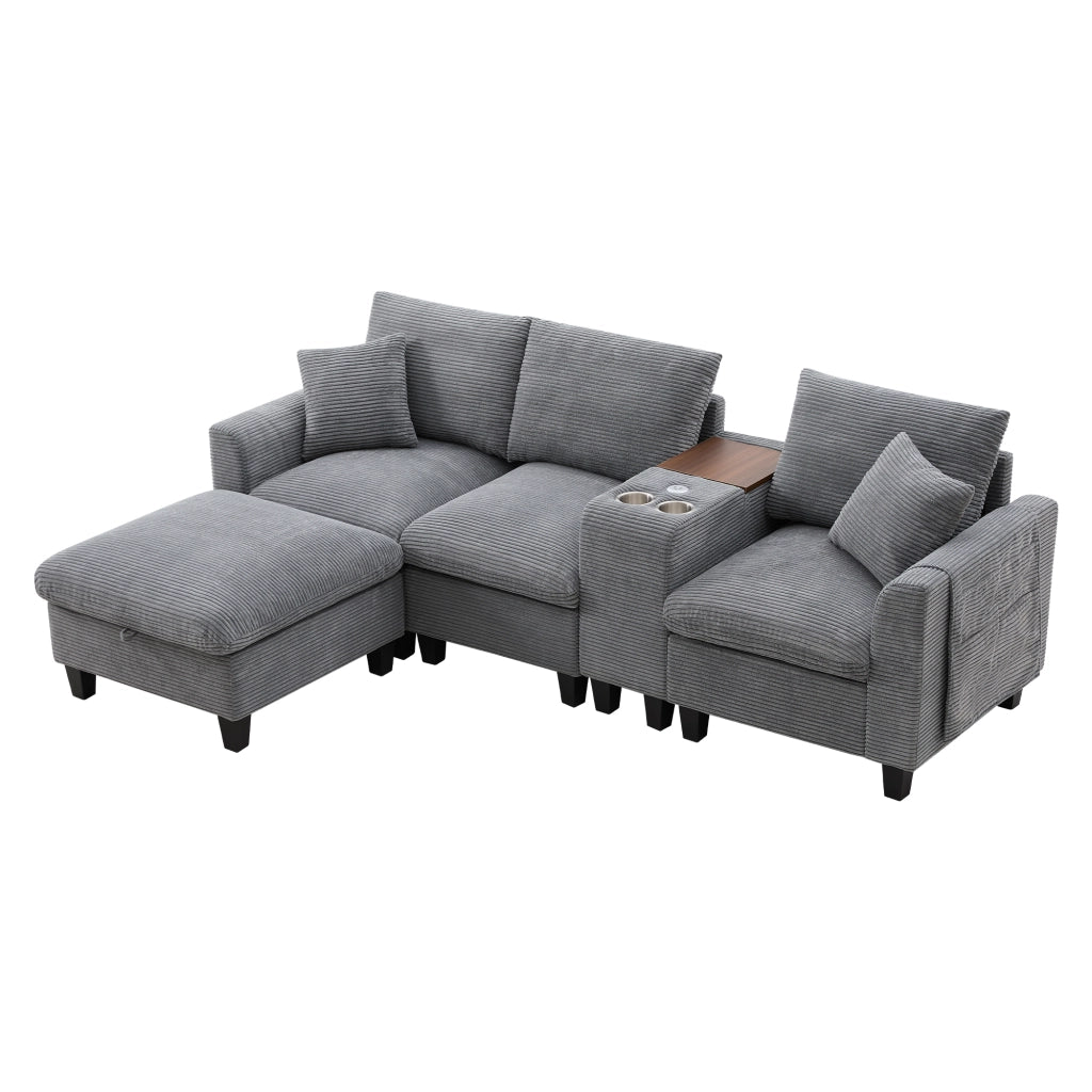 Divano angolare modulare in corduroy con consolle centrale porte USB portabicchieri e cuscini grigio per soggiorno
