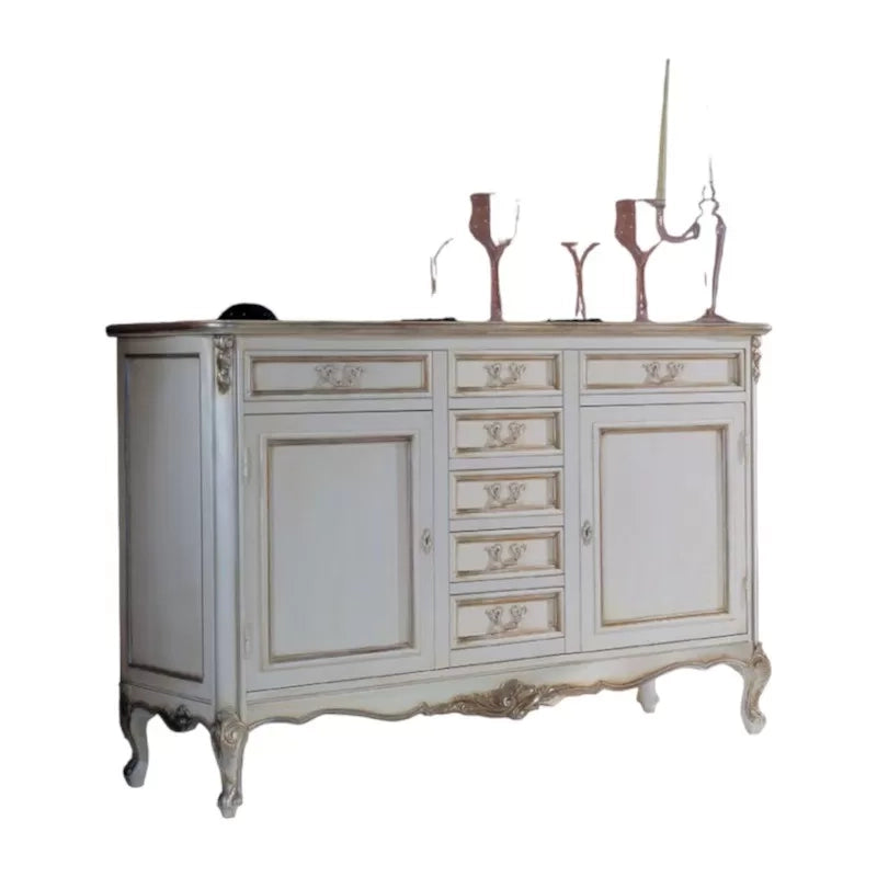 Credenza 2 porte 7 cassetti classica legno shabby bianco argento 190x62x107 - Mobili 2G