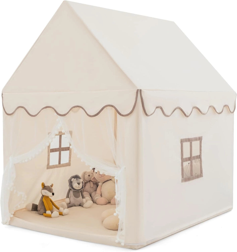 Tenda da Gioco per Bambini, Casetta per Bambini con Struttura in Solido Legno, Tappetino di Cotone, Tenda a Rete e Finestre, 105x120x140 cm (Beige)