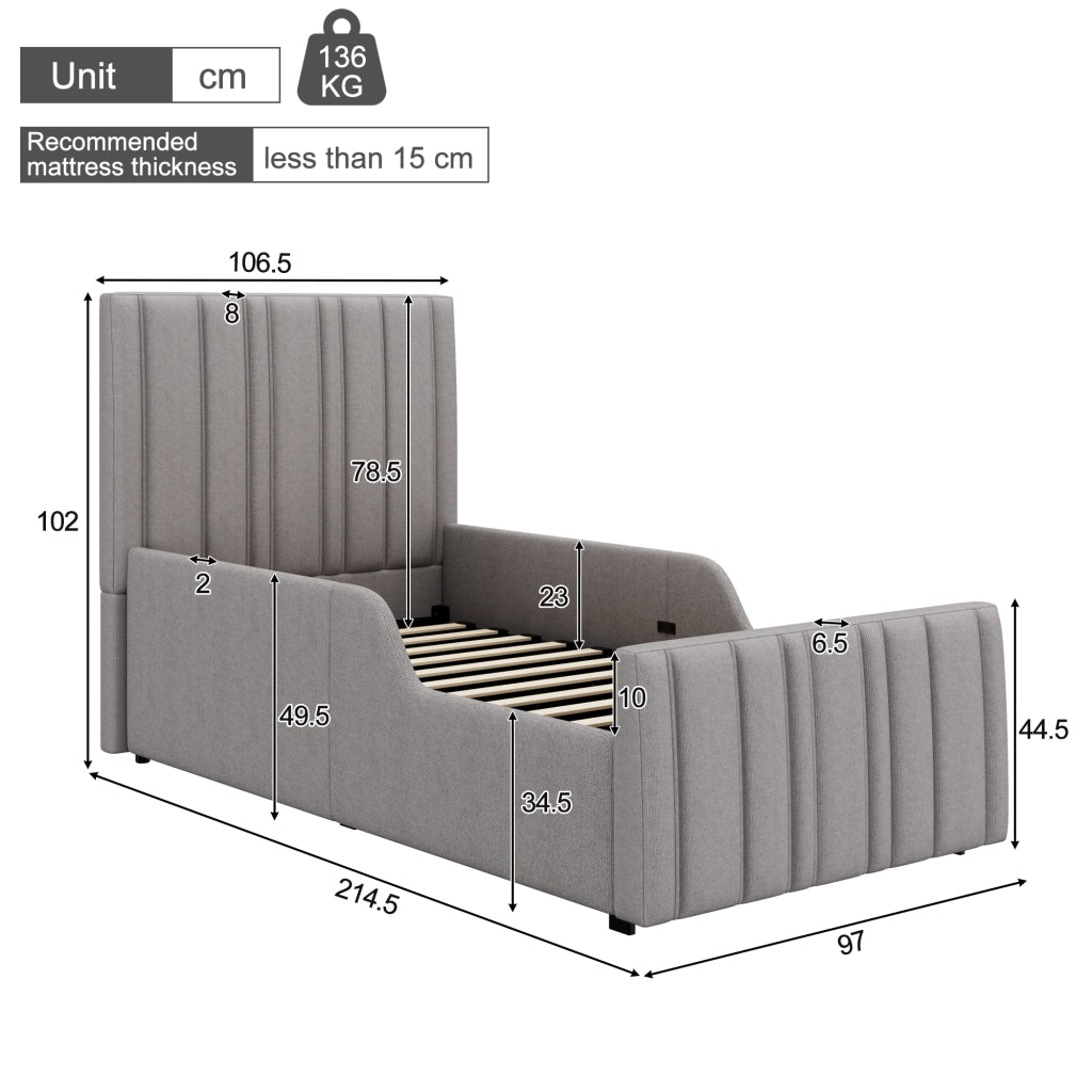 Letto per bambini 90 × 200 cm con contenitore idraulico, testiera imbottita et senza materasso, grigio