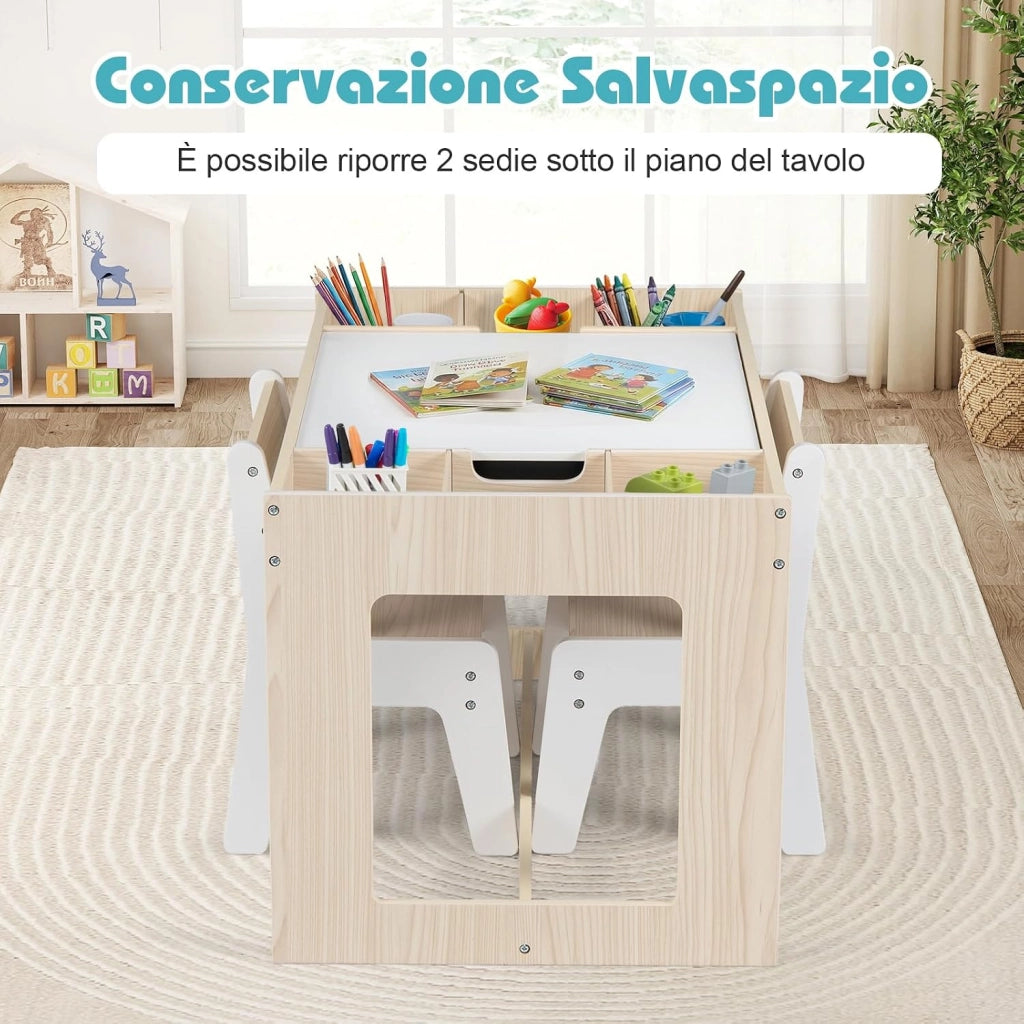 Set Tavolo Multifunzionale per Bambini e 2 Sedie, Tavolo e Sedie in Legno con Piano Doppio Rimovibile, Lavagna Nera & Lavagna Bianca, Compartimenti Laterali con Divisori Staccabili (Naturale)