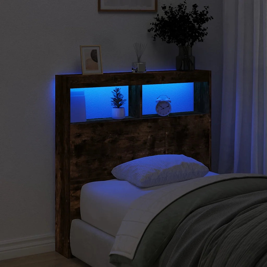 Testiera con Contenitore a LED Rovere Fumo 100x17x102 cm