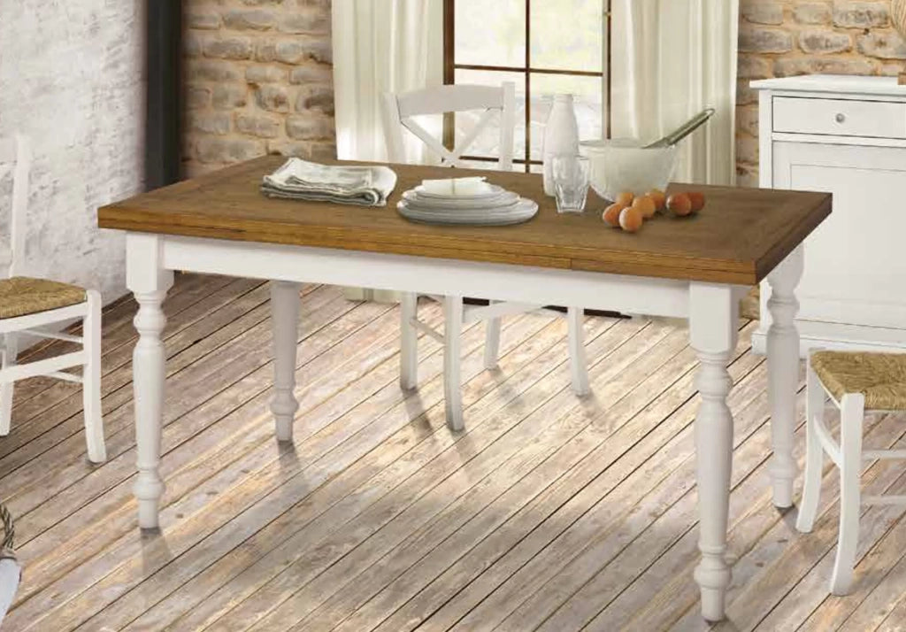 Tavolo da pranzo legno allungabile country chic piano rovere e bianco 90x90 libro (717) - Mobili 2G