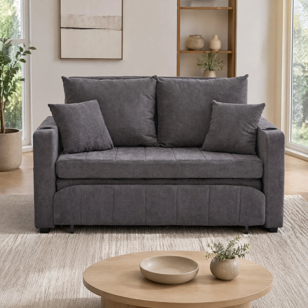 Divano letto in ciniglia grigia; 139 × 83 × 58 cm; con tasca portaoggetti e 4 cuscini