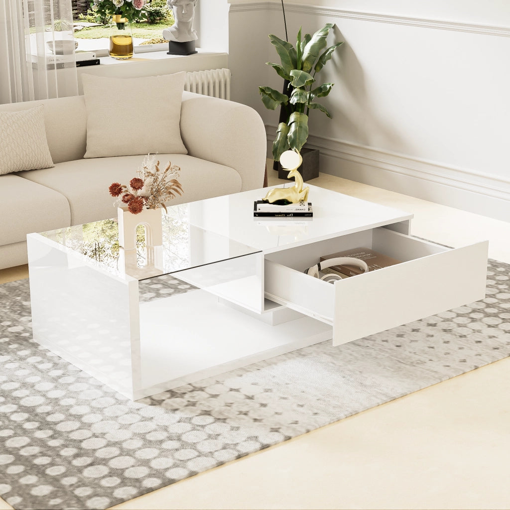 OKWISH Tavolino da Salotto Rettangolare con Vano Portaoggetti e LED, Finitura Lucida, per Soggiorno, 105 x 55 x 32.5 cm, Bianco