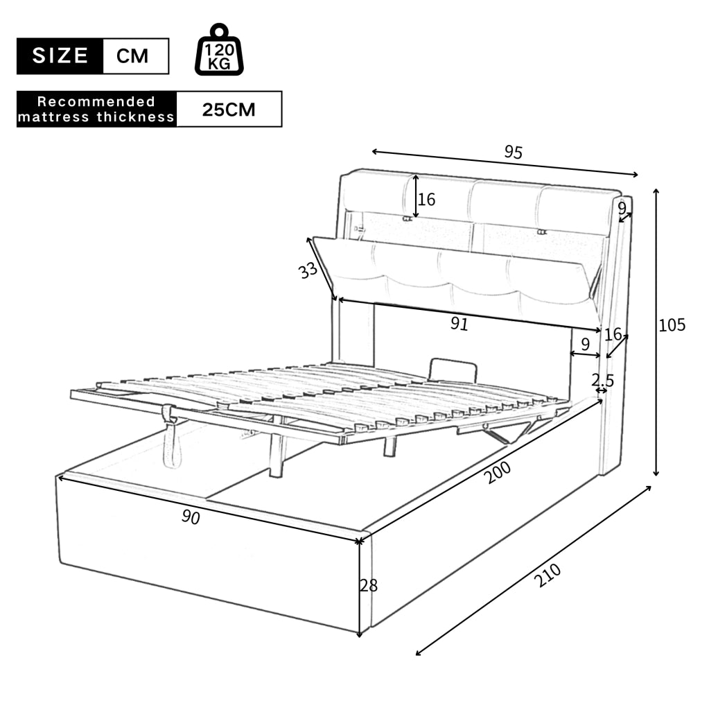 Letto imbottito 90x200 cm in PU bianco con sollevamento idraulico; contenitore e rete a doghe