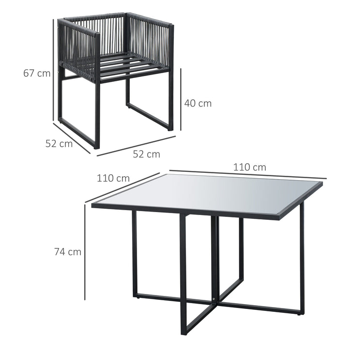 Set Tavolo e 4 Sedie da Giardino con Cuscini in Rattan PE Nero e Grigio