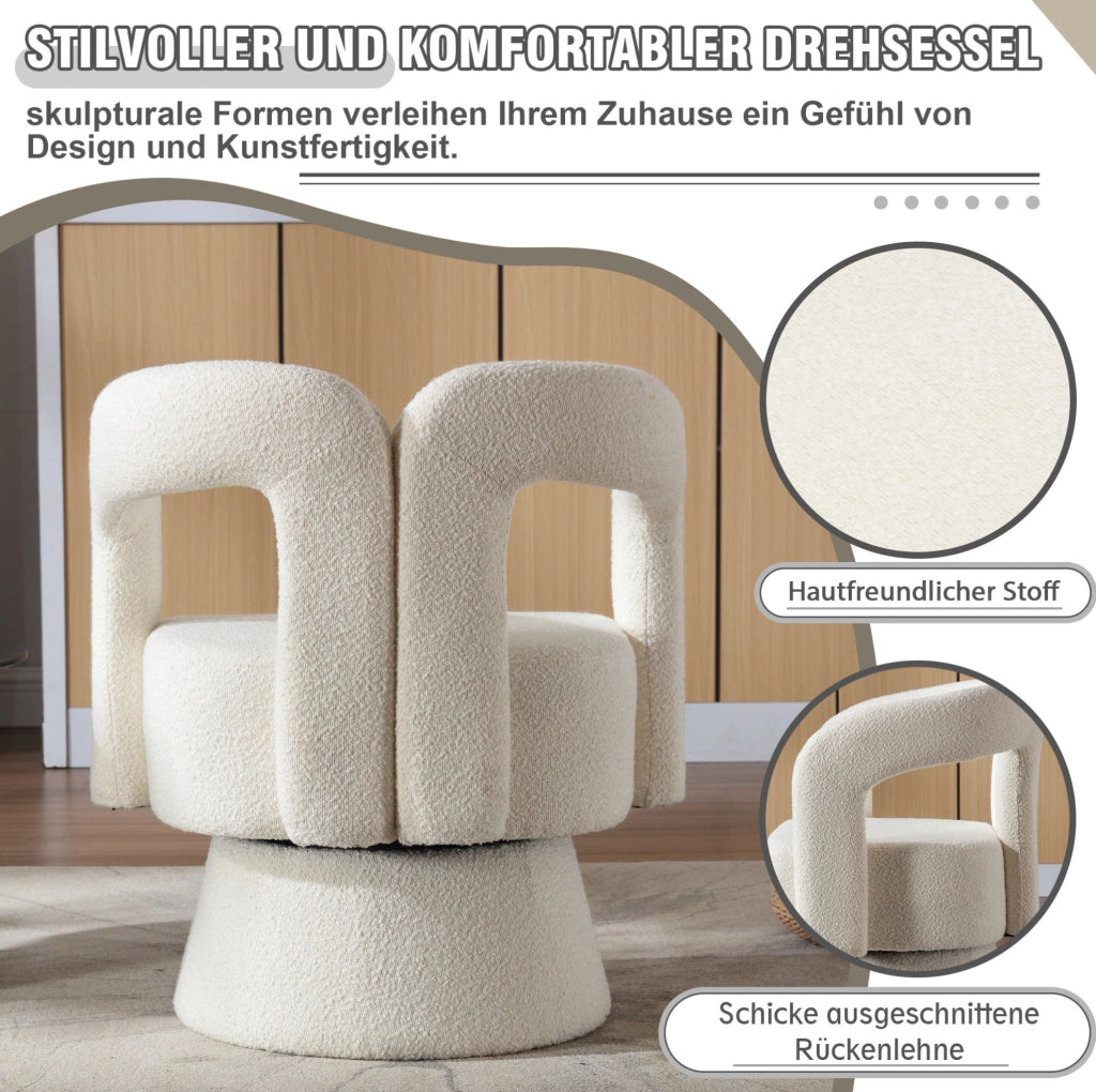 Poltrona girevole in bouclé beige a 360° con base in metallo