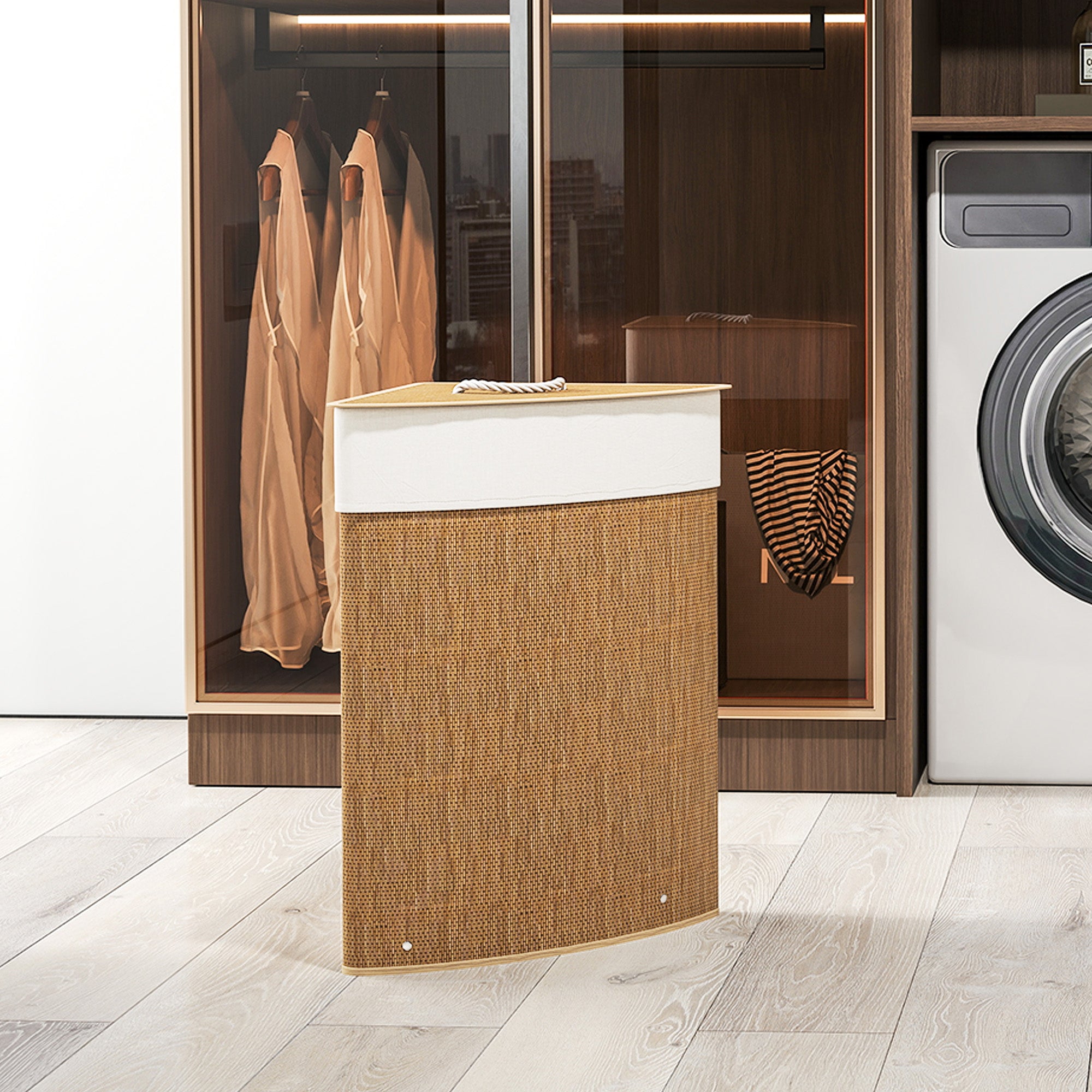 Cesto Portabiancheria Angolare da 55L con Sacco Rimovibile 35x35x60 cm in Vimini e Bambù Marrone