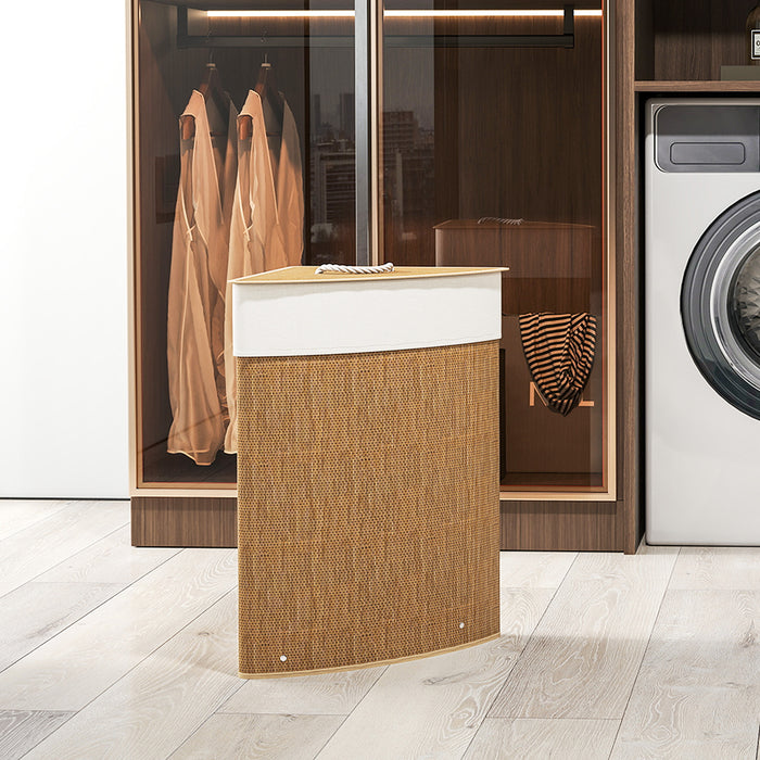 Cesto Portabiancheria Angolare da 55L con Sacco Rimovibile 35x35x60 cm in Vimini e Bambù Marrone