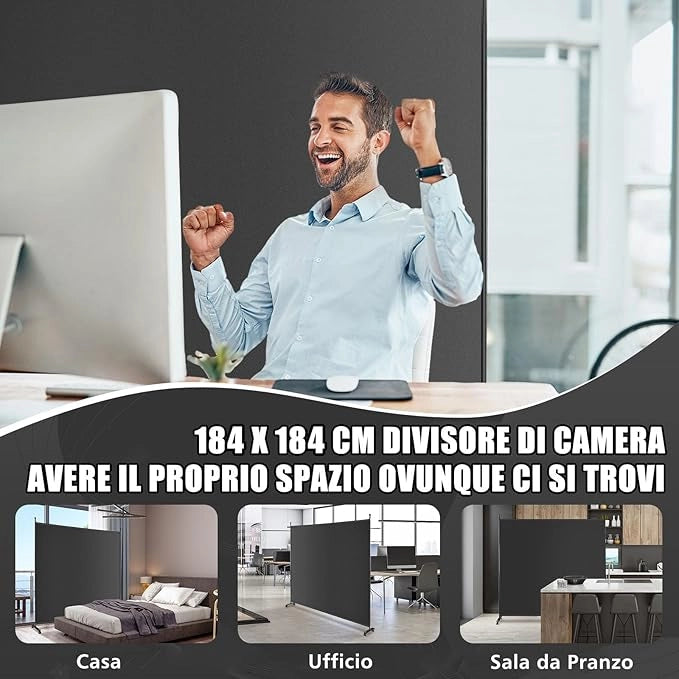 Separé Divisorio Singolo 184 x 184 CM, Paravento da Interno ed Esterno con Ruote Bloccabili, Pannello Divisorio per Ambienti Interni Portatile da Soggiorno Camera da Letto e Ufficio (Nero)