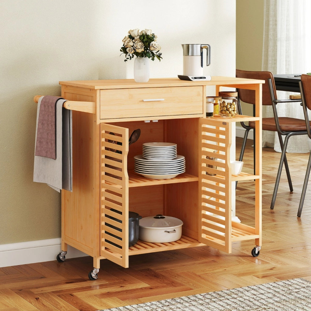 Carrello da cucina 90 cm per sala da pranzo e soggiorno, Barra per asciugamani e armadio con 2 porte Naturale-Carrelli
