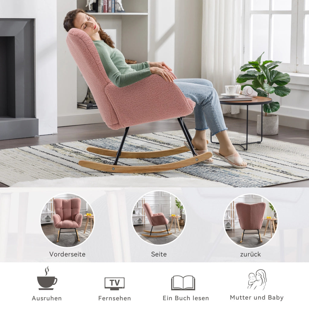OKWISH Sedia a Dondolo, Schienale Alto Ergonomico e Braccioli Imbottiti, Base Silenziosa, Tessuto Teddy, Rosa