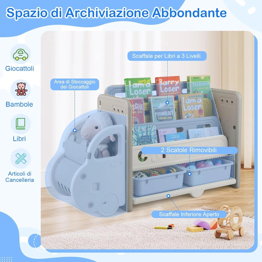 Scaffale per Giocattoli e Libri per Bambini, Libreria a Forma di Auto con 3 Ripiani 2 Scatole, Organizzatore Salvaspazio per Camera Stanza dei Giochi Asilo