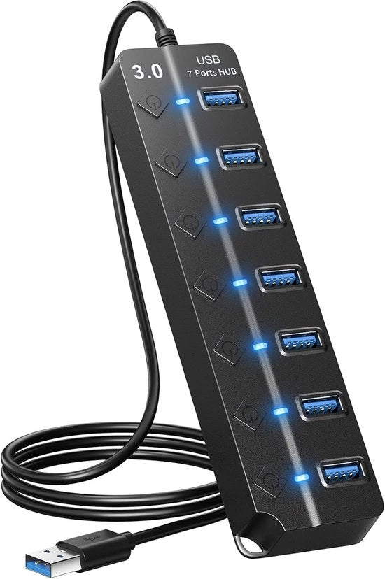 Hub USB 3.0 7 porte, con interruttore indipendente accensione/spento e indicatore, cavo 1 m adatto per MacBook, laptop, Surface Pro, PS4, PC, dispositivo di memoria, disco rigido portatile.