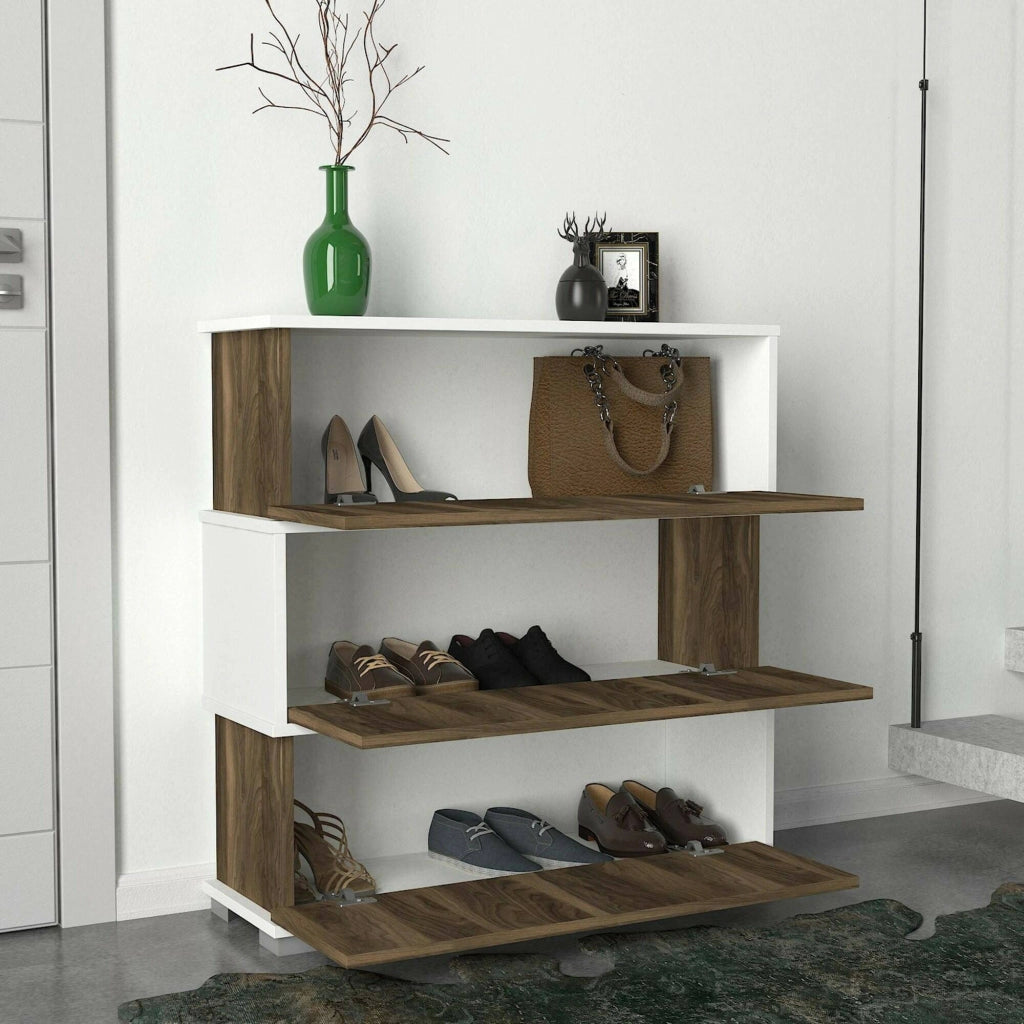 Scarpiera Astrubale, Mobile portascarpe, Armadio da ingresso multiuso, Mobiletto per calzature, 90x30h93 cm, Bianco e Noce