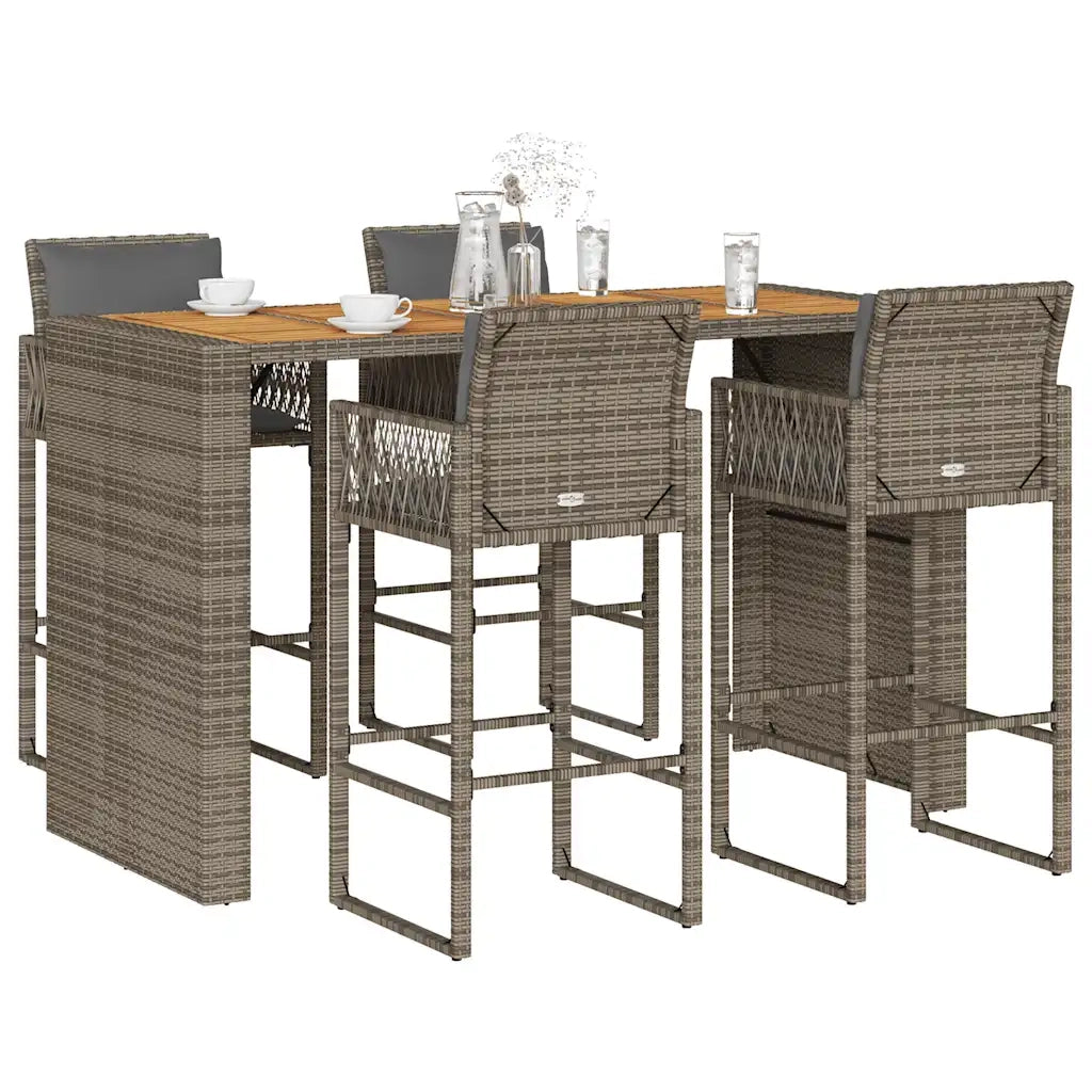 Set Bar da Giardino 5 pz con Cuscini Nero in Polyrattan Acacia
