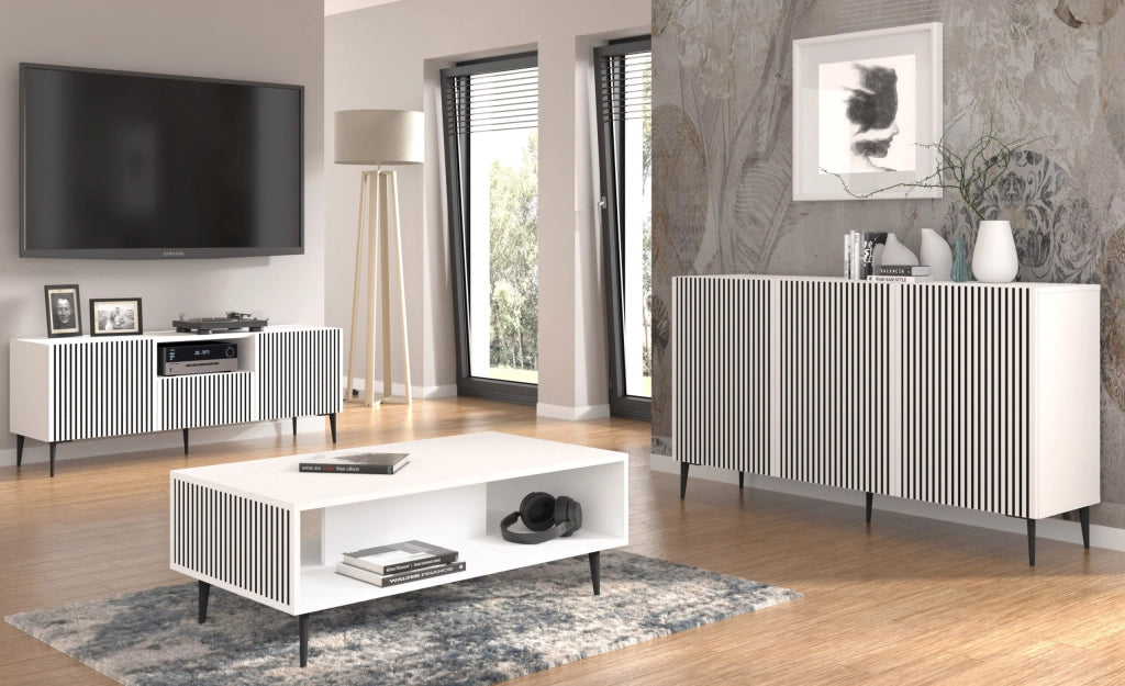 MOBILE RAVENNA FP PORTA TV IN MDF VERNICIATO 150 2D1S BIANCO NERO GAMBE IN METALLO NERO
