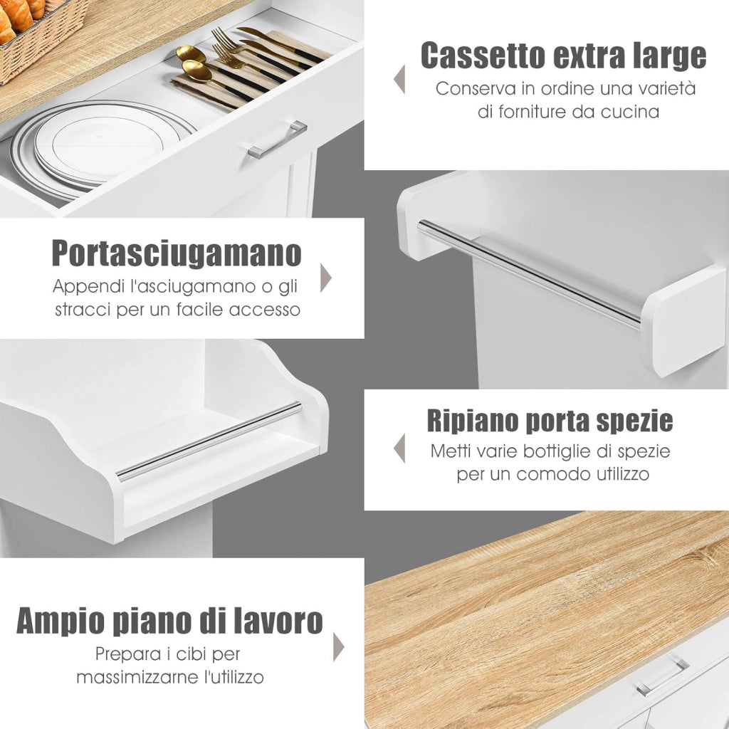 Carrello da Cucina con Ruote di Gomma, Scaffale per Microonde Carrello Servizio, Mobile Cucina con Ripiani e Ante, Credenza Cucina Legno Moderno Elegante, 116 x 37 x 85 cm (Bianco)