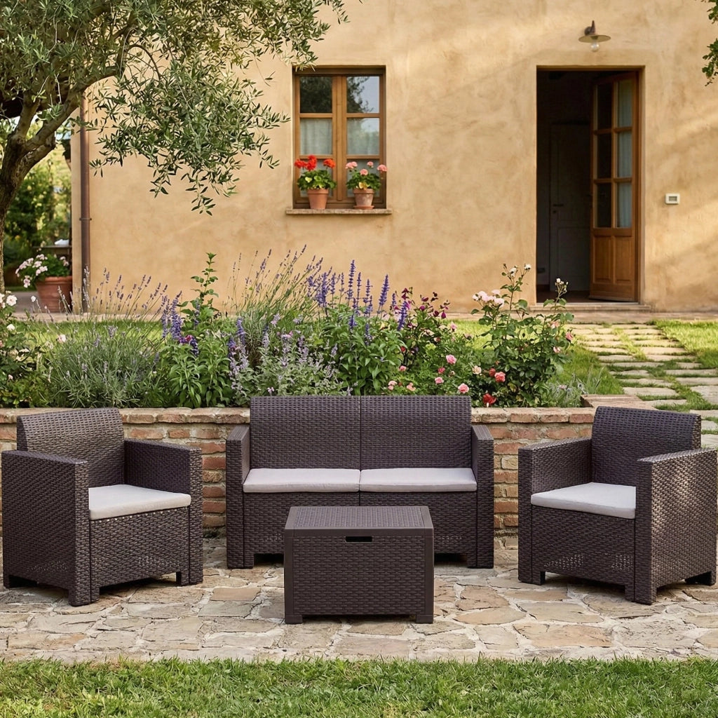 Salottino da esterno Gazania, Set da giardino con cuscini, Salottino effetto rattan, 100% Made in Italy, Marrone