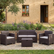 Salottino da esterno Gazania, Set da giardino con cuscini, Salottino effetto rattan, 100% Made in Italy, Marrone
