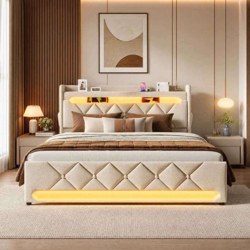 Letto matrimoniale 140x200 in lino con LED 360°, testiera con USB e Type-C, contenitore idraulico, beige