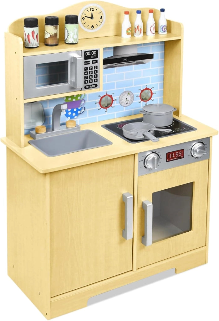 Cucina giocattolo per bambini in legno con piano cottura, forno a microonde, rubinetto, lavandino e accessori da cucina, giocattolo per bambini a partire dai 3 anni, 65 x 24 x 85 cm