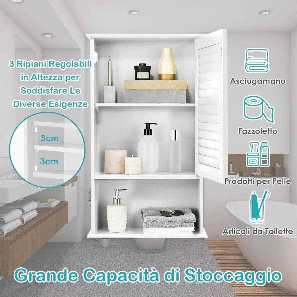 Armadio del Bagno Montato a Muro, Mensola Interna Regolabile, Struttura in MDF di Qualità, Pratico e Salva Spazio, Design Unico (Bianco)