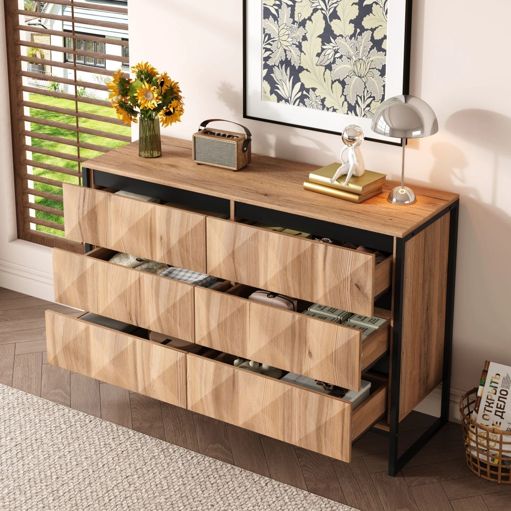 Cassettiera con 6 Cassetti e Struttura in Metallo; Frontali Testurizzati; Stile Moderno; per Soggiorno; in Truciolare; Nero Naturale; 120??40??80 cm