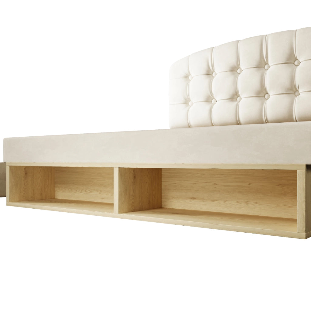 Letto matrimoniale 140x200 cm, rivestimento in velluto, testiera regolabile, 2 cassetti, beige