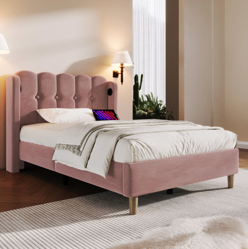 Letto singolo imbottito in velluto rosa con porta USB e Type-C