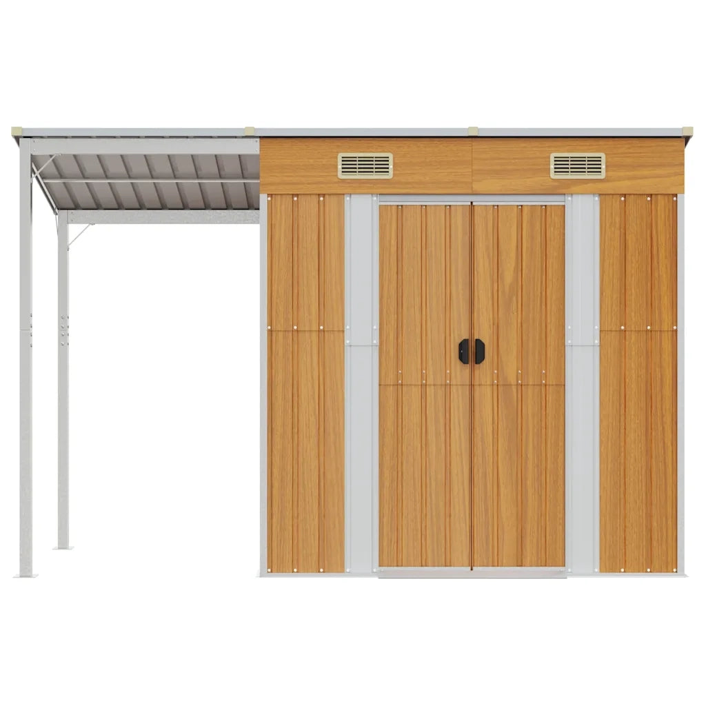 Capannone Tetto Esteso Marrone Chiaro-Casetta da Giardino 277x107x181cm Acciaio