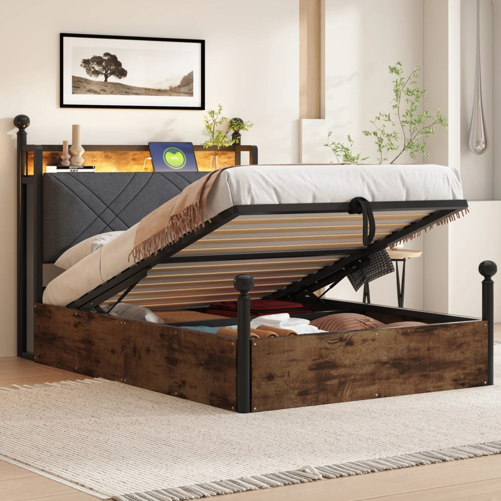 Letto singolo 90x190 cm con contenitore idraulico, LED e prese USB-C