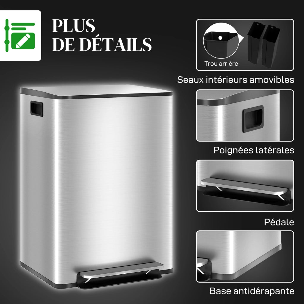 Bidone 2 Compartimenti 60L con Pedale ¨C Zephmum ¨C Acciaio Inossidabile 43x35x75cm