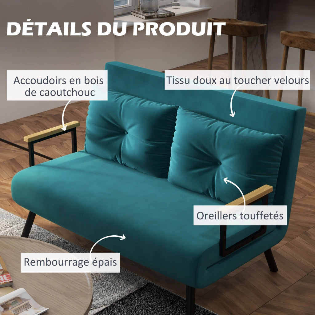 Divano letto 2 posti con schienale regolabile e cuscini ¨C Minimal ¨C verde velluto