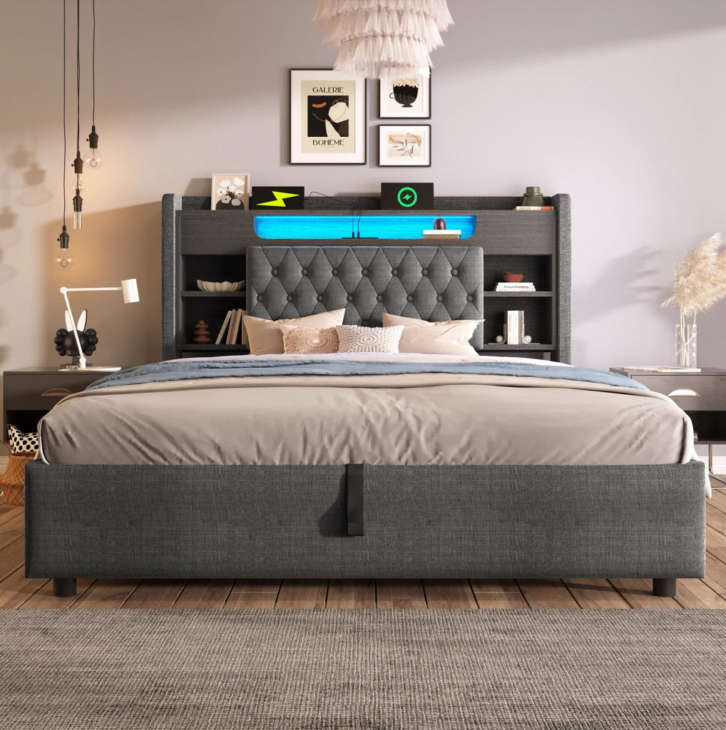 Letto matrimoniale 140x190 cm in tessuto effetto lino grigio con contenitore; LED e porte USB