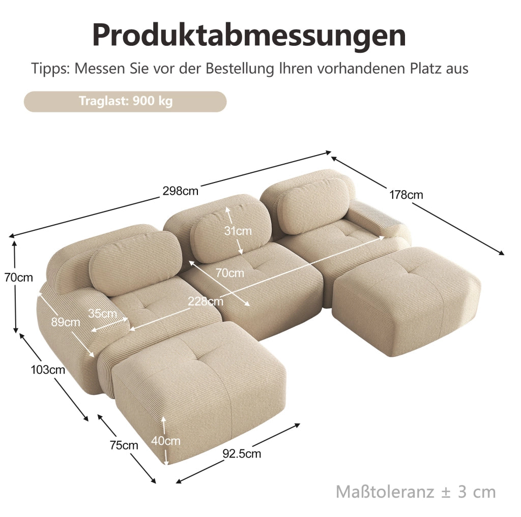 Divano angolare modulare senza montaggio in tessuto a coste beige; design senza struttura