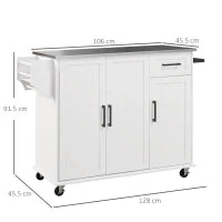 Isola per Cucina con Cassetto, Armadietto e 2 Ripiani Aperti, in MDF e Acciaio Inox, 128x45.5x91.5 cm