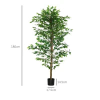 Pianta di Ficus Artificiale da 180 cm per Interni ed Esterni con Vaso in Metallo Riempito, Verde