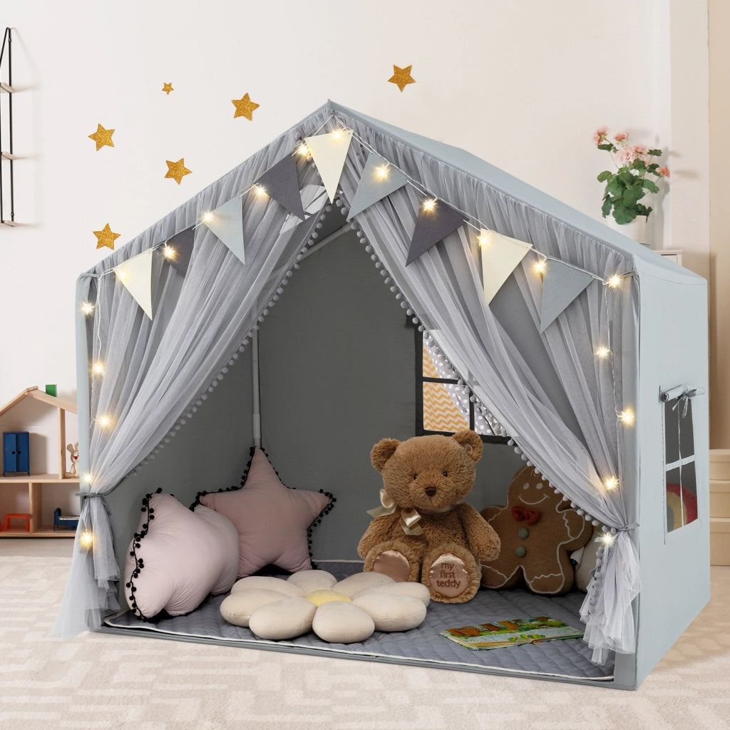 Tenda da gioco per bambini con tende in tessuto e rete luci a stella materassino in cotone-Grande casa da gioco Grigio