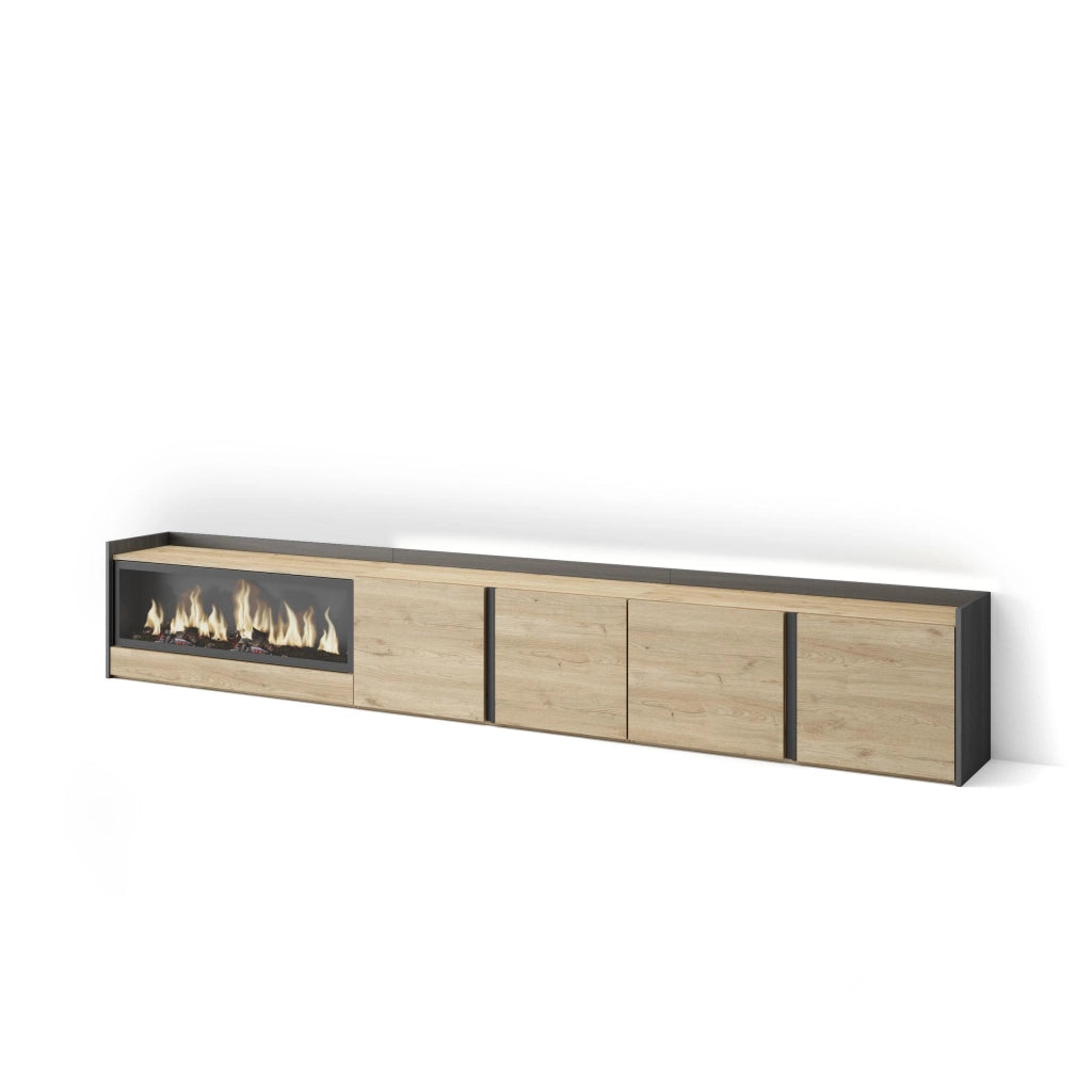 Mobile TV Soggiorno, 315x50x35 cm, Per TV fino a 80", Camino elettrico XXL, LED, Rovere e nero
