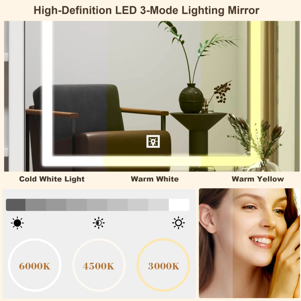 Toeletta con specchio LED; 3 modalità di luce regolabili; ripiani e ante scorrevoli a specchio; MDF bianco