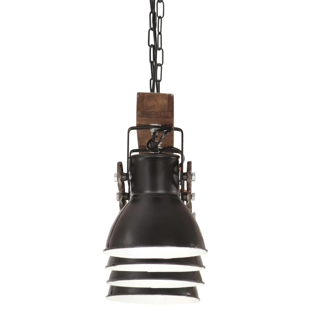 Lampada a Sospensione Industriale Nera E27 Legno di Mango 320523