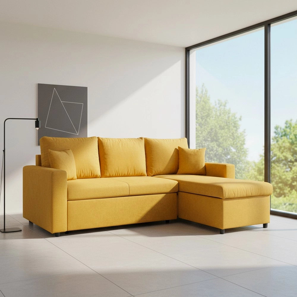 Divano con penisola reversibile funzione letto Golf tessuto senape 225x148x91H