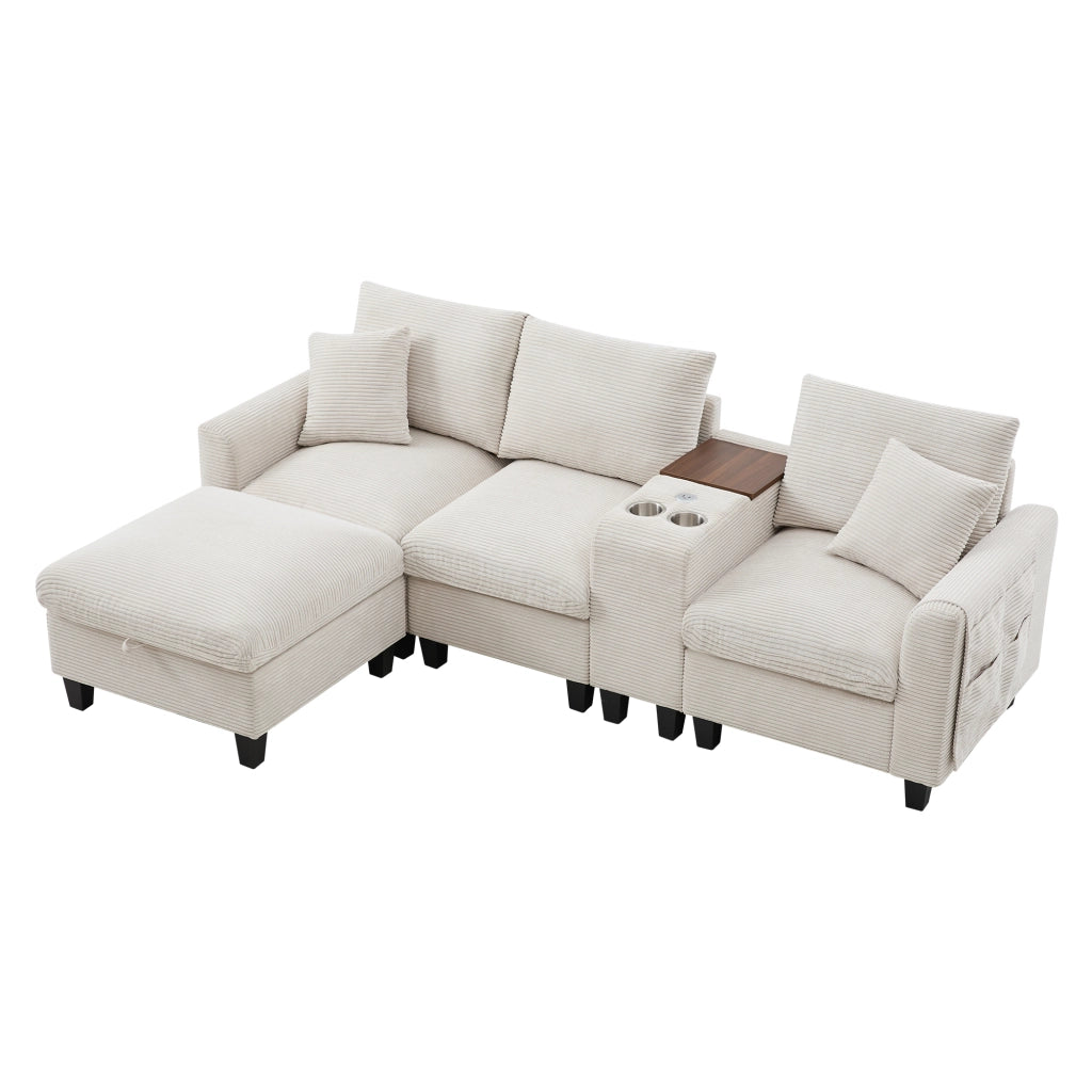 Divano angolare modulare a L in tessuto corduroy beige con consolle, poggiapiedi contenitore e cuscini