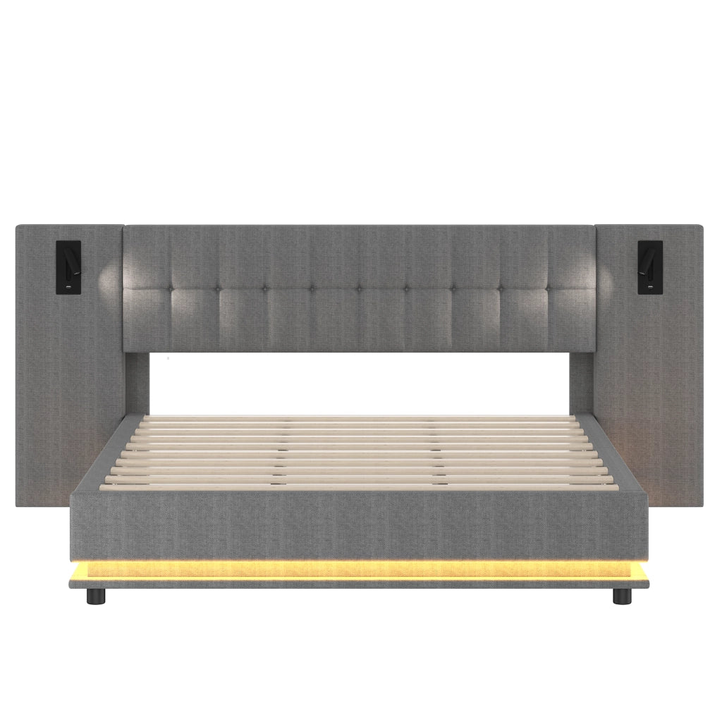 OKWISH Letto Imbottito 180×200 cm, Letto Matrimoniale con LED Regolabile, Luce Lettura e USB, senza Materasso, Lino, Grigio
