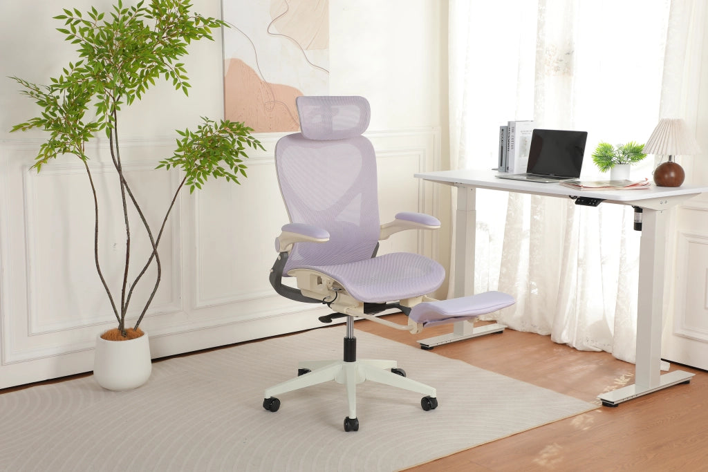 Sedia da ufficio ergonomica pieghevole con supporto lombare e poggiatesta regolabile in mesh viola per lavoro