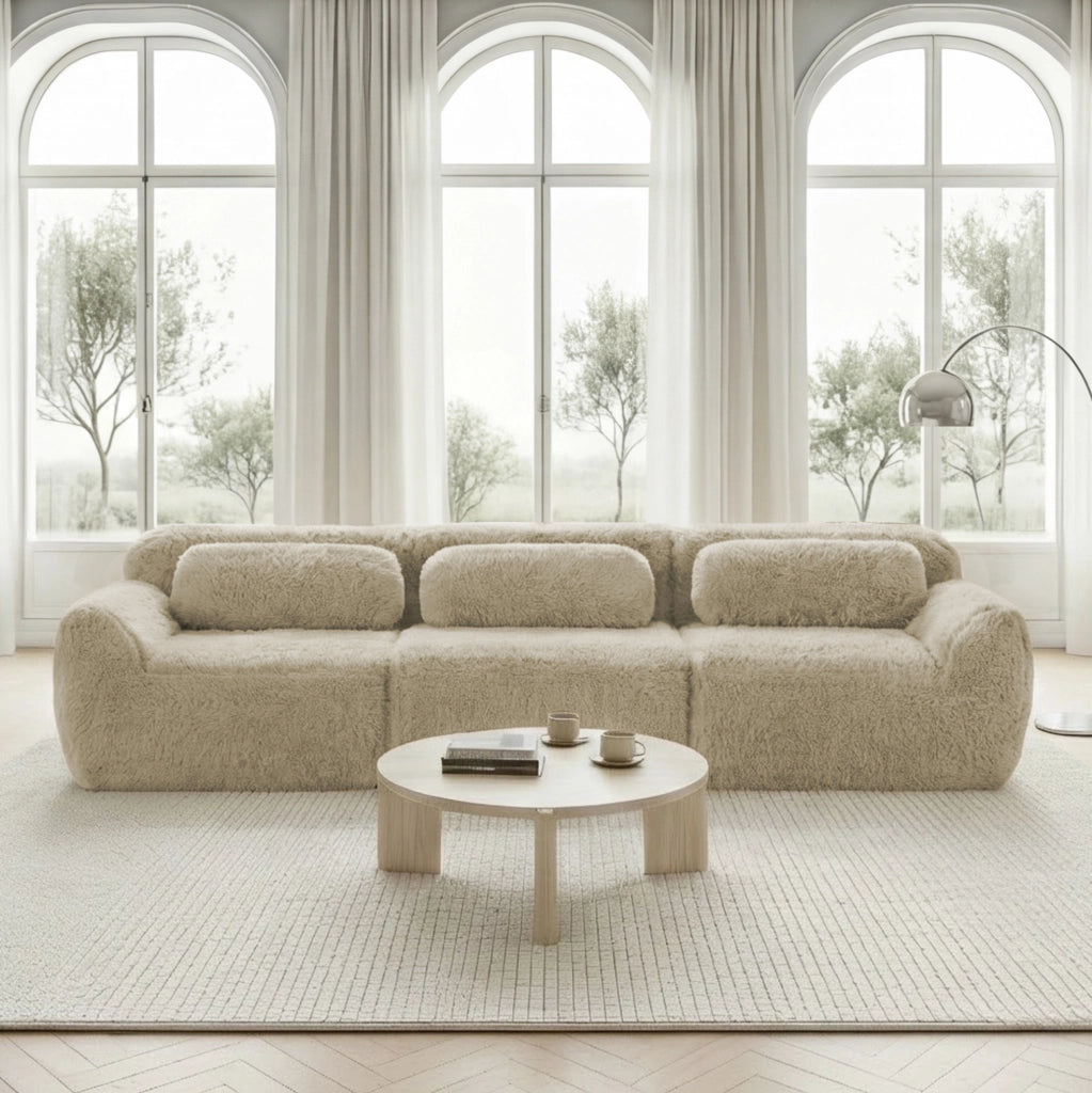 Divano modulare 3 posti 291x104x73 cm in tessuto, cachi chiaro, senza montaggio –
